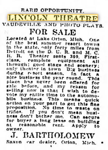 State Theatre - 1915 Ad For Lincoln Theatre Sale